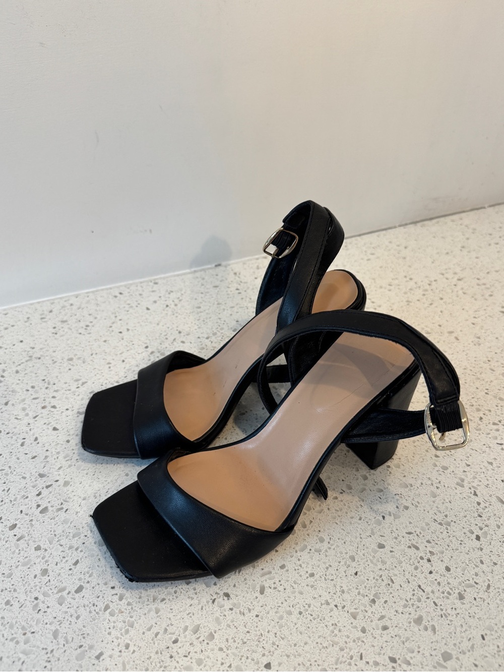a new day Black Square-Toe Ankle Strap Block Heel Sandals